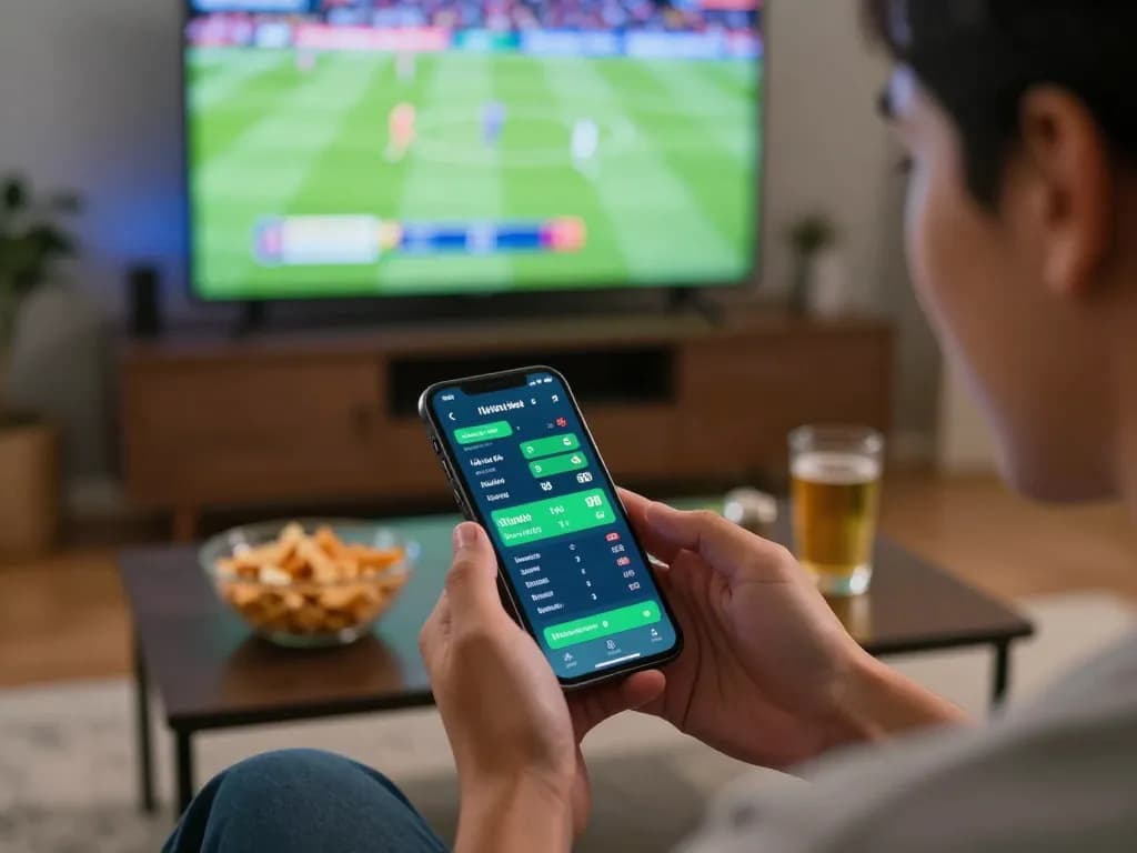 Person engaged with tỷ lệ kèo nhà cái 5 on a smartphone while watching sports at home.
