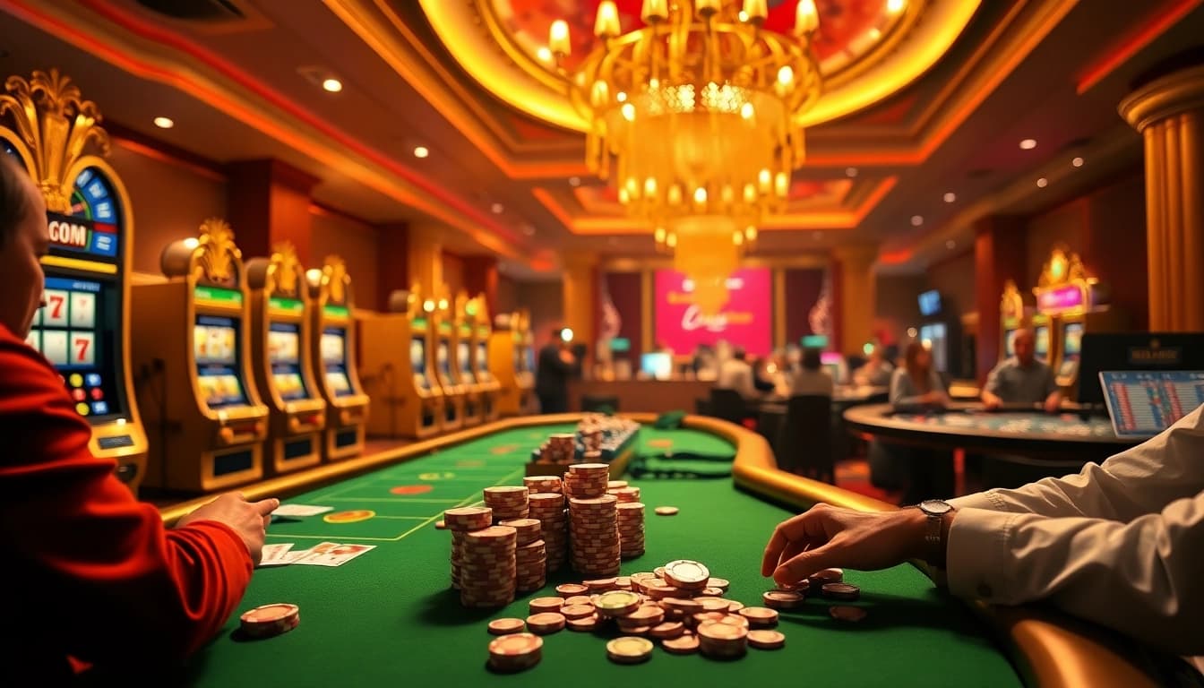 Players enjoying a dynamic gaming experience at nv casino with vibrant slot machines and poker tables.