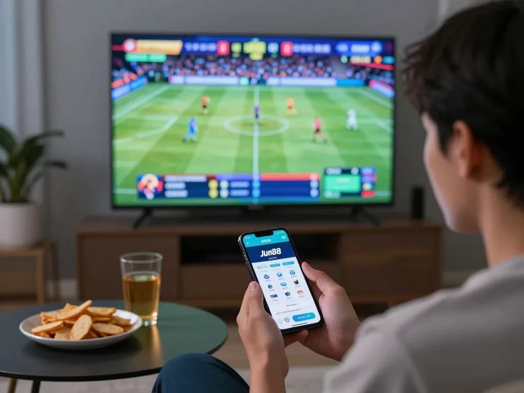 Jun88 betting app in action as a user engages with live sports, blending entertainment and strategy in a modern home.