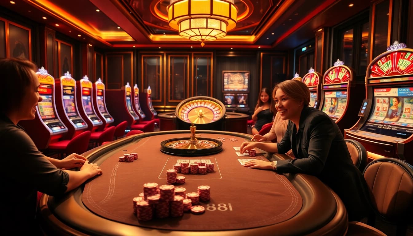 Engage in thrilling online gambling experiences at 88i, featuring lively poker tables and slot machines.