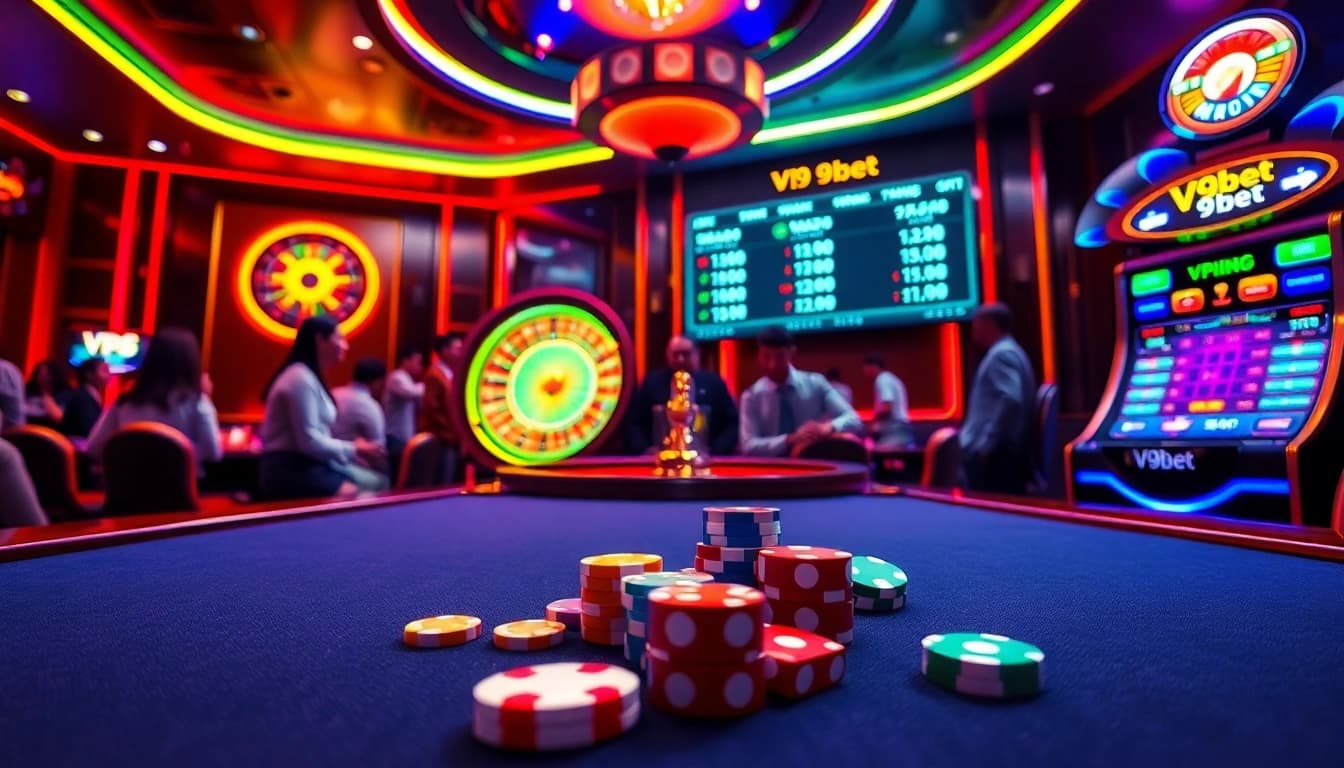 Experience exhilarating betting action at V9bet with vibrant casino visuals and gaming elements.