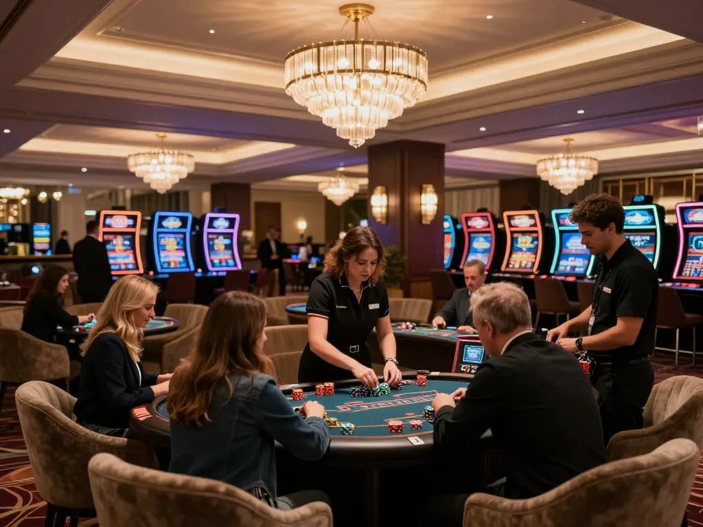 Experience the excitement at KKWWIN as players gather in a luxurious casino lobby.