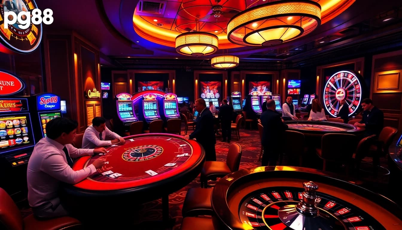 Experience thrilling gambling at pg88 with vibrant casino setups featuring poker, slots, and roulette.