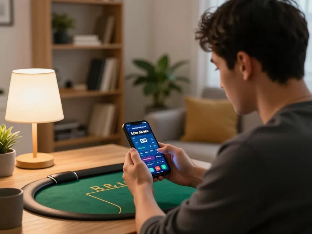 Engaged player analyzing kèo nhà cái hôm nay on mobile device in a cozy living room setting.