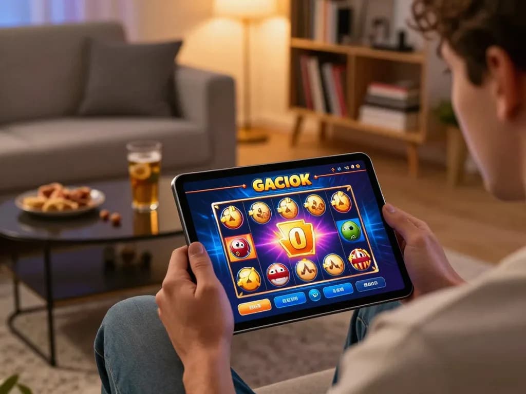 Engaging in a slot gacor game on tablet in cozy home, showcasing vibrant graphics and a warm atmosphere.