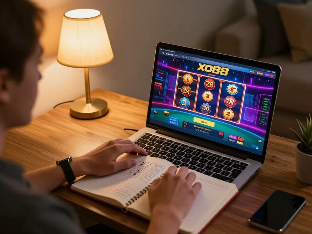 Engaging in immersive gaming on xo88's online platform with strategic notes close by