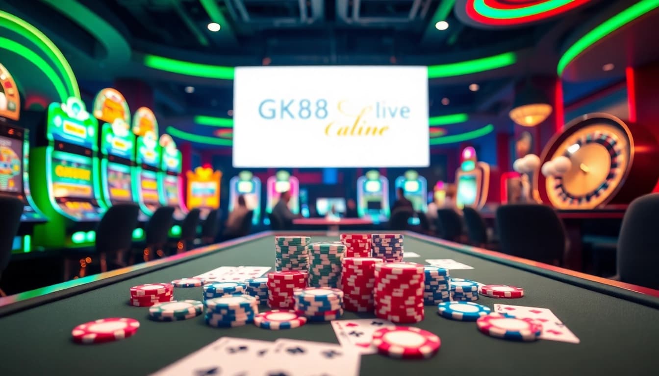 Engage in thrilling games at https://gk88live.it.com/ with vibrant casino tables, chips, and slot machines.