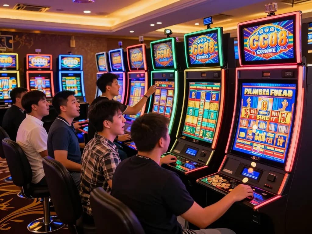 Engaged players enjoying gg88 slot games with vibrant displays in an upscale casino.