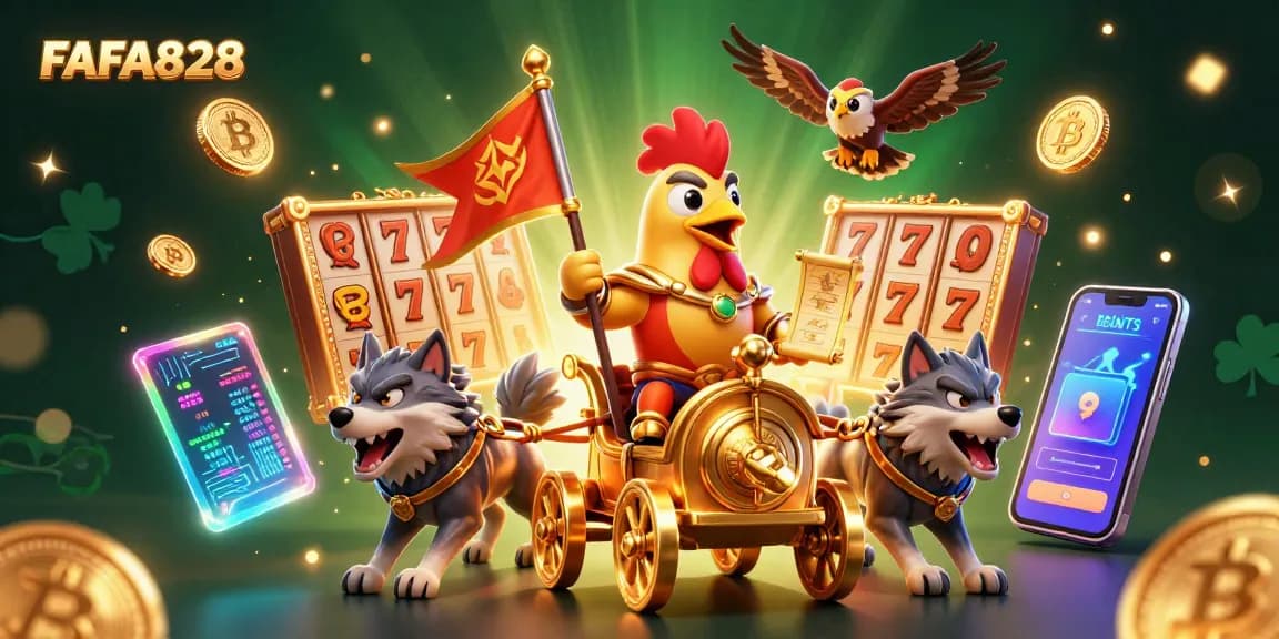 Experience the excitement of FAFA828 with a dynamic casino-themed 3D illustration featuring iconic gaming elements.