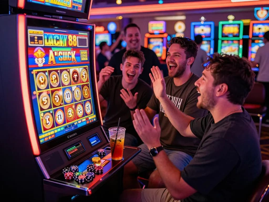 Excited players joyfully celebrating big wins at a Lucky 88 slot machine in a vibrant casino atmosphere.