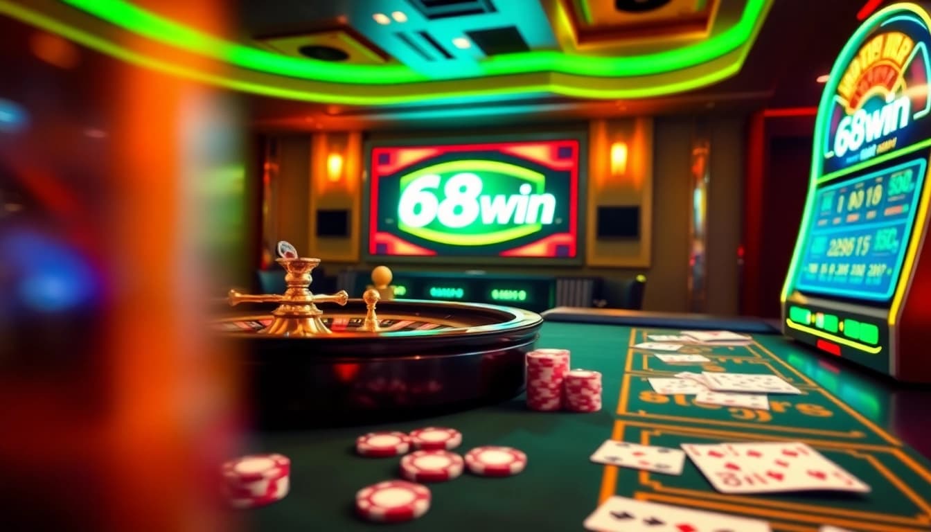 Experience the thrill of 68win with vibrant casino gaming elements including roulette and poker.
