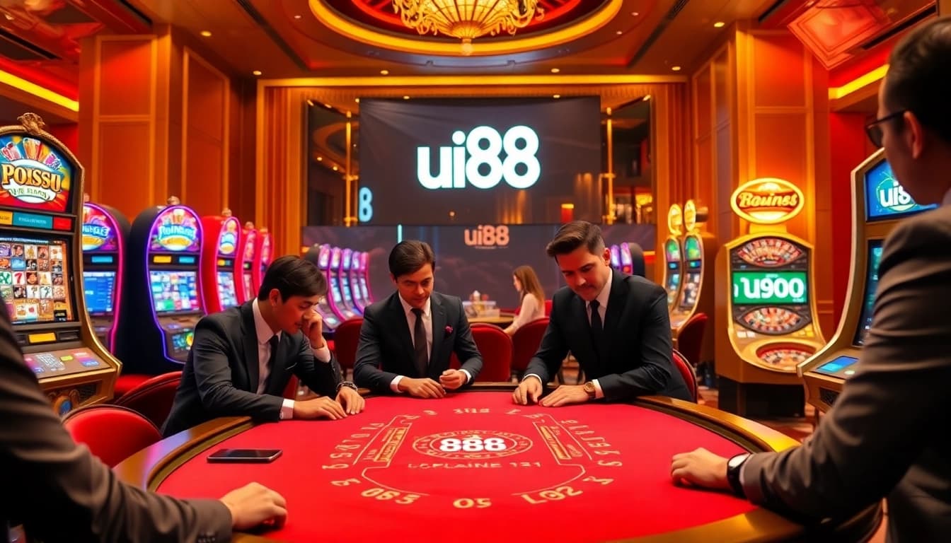Exciting poker game at uu88 casino with professional players and vibrant slot machines.