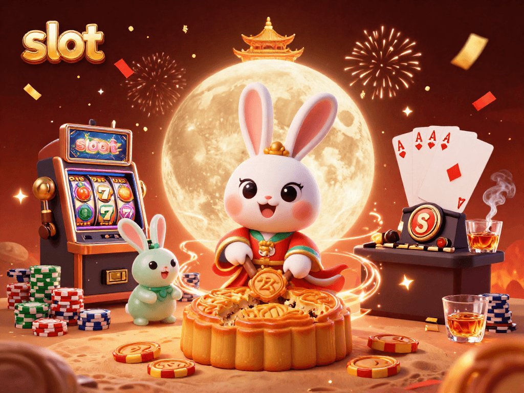Spin the slot machine with vibrant reels and enjoy poker chips bursting from mooncakes.