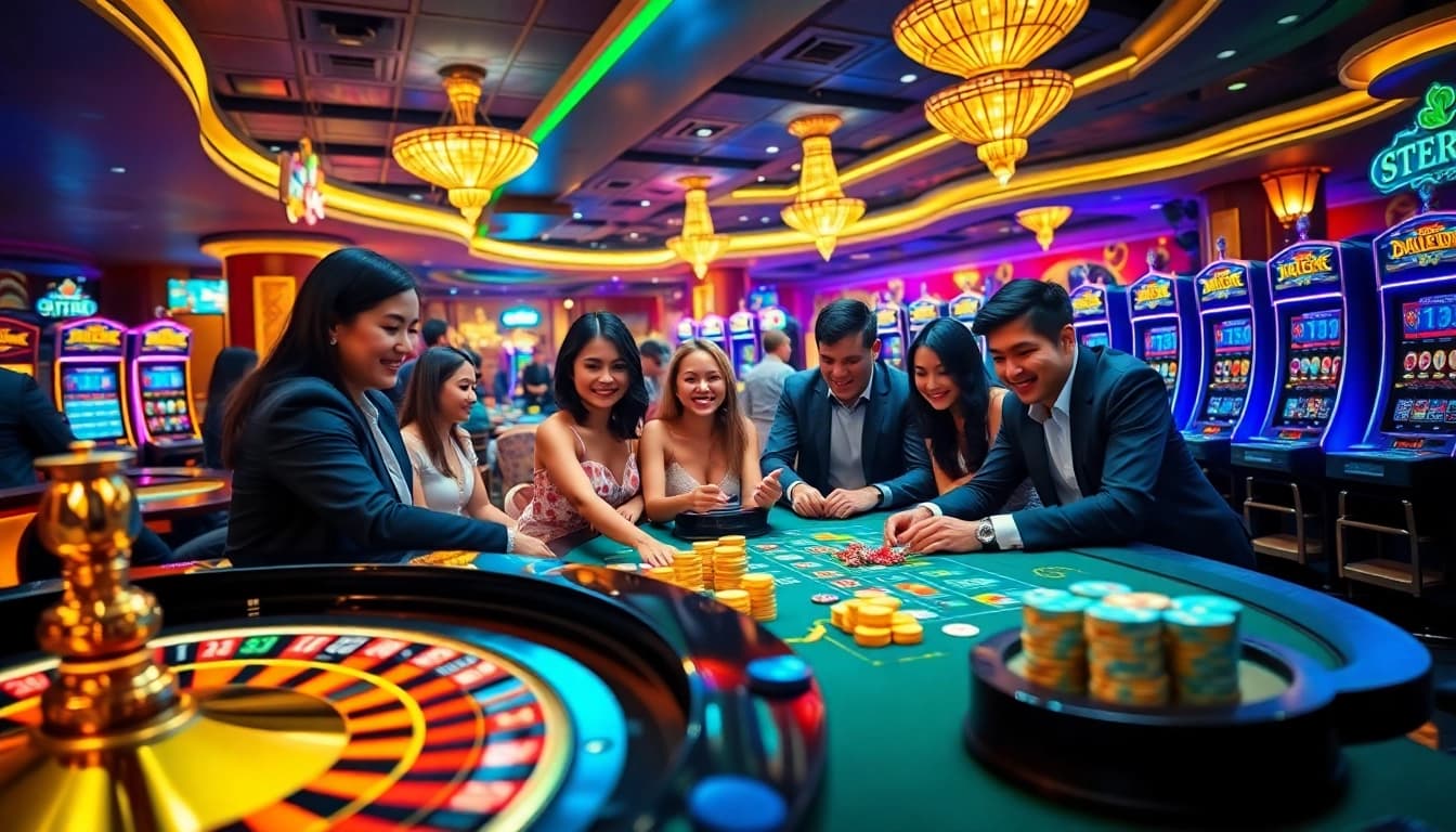 Xổ số hôm nay highlights thrilling gambling moments at a casino, featuring active players and winning games.