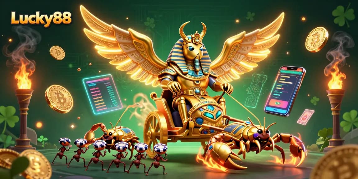 Engage in the thrilling Lucky88 casino experience with dynamic golden scarabs and crypto elements.