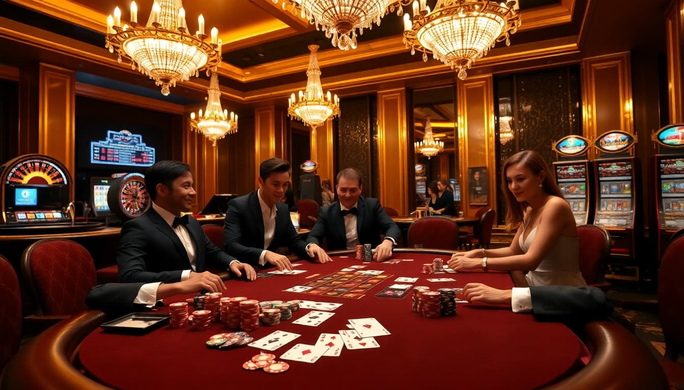 Experience the excitement of high-stakes poker at Hello88 casino with vibrant poker tables and engaged players.