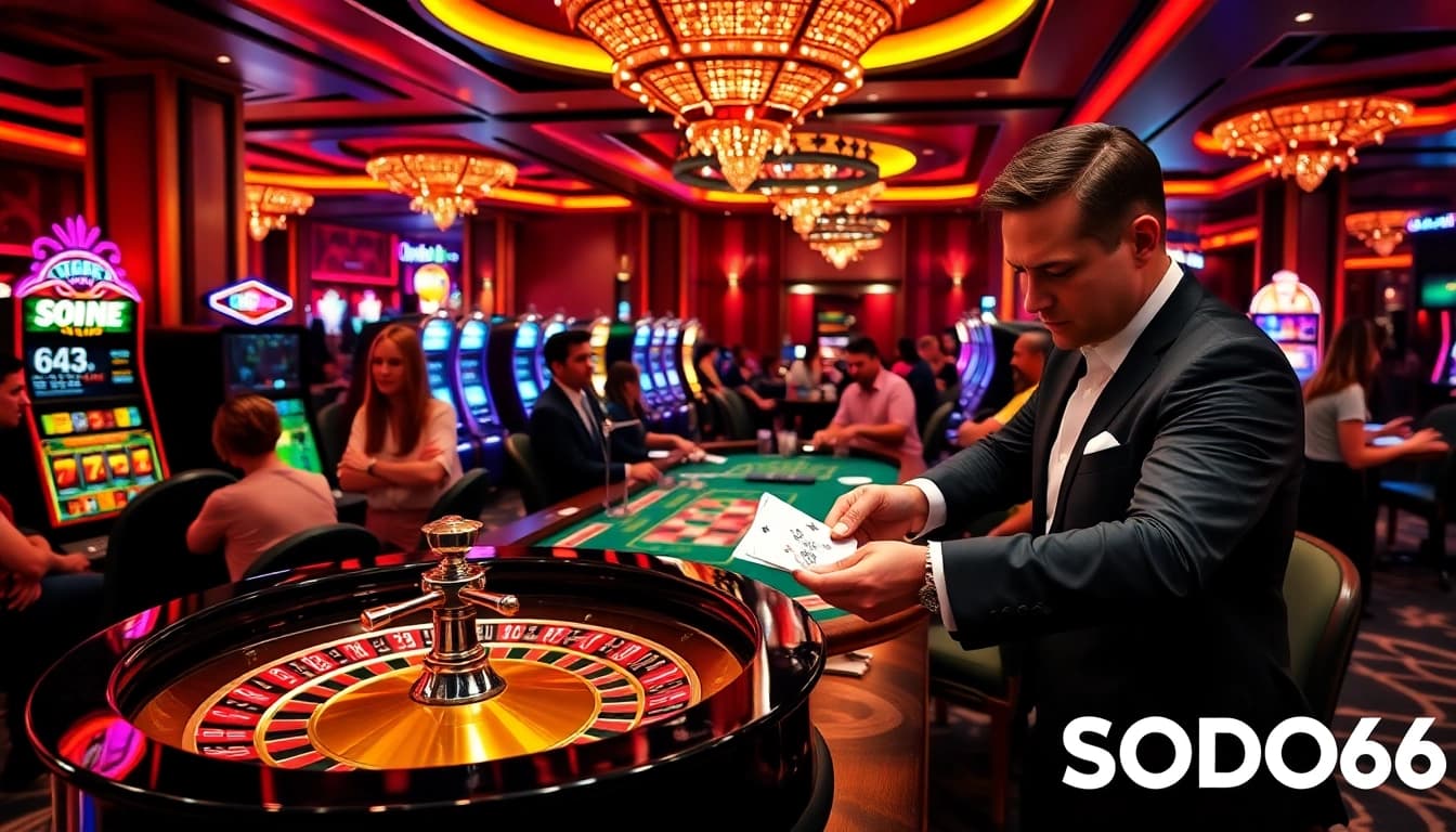 SODO66 players engaged in thrilling roulette and slot games in a vibrant casino atmosphere.