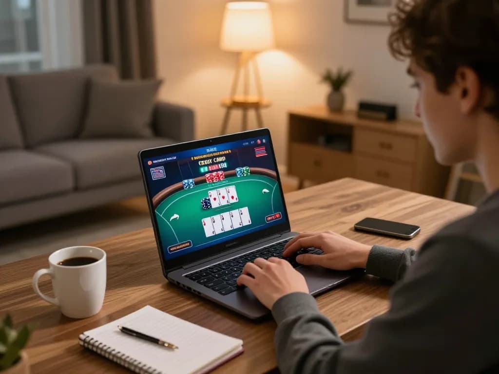 Player engaging with a credit card casino game on a laptop in a cozy home environment, showcasing strategic gaming.