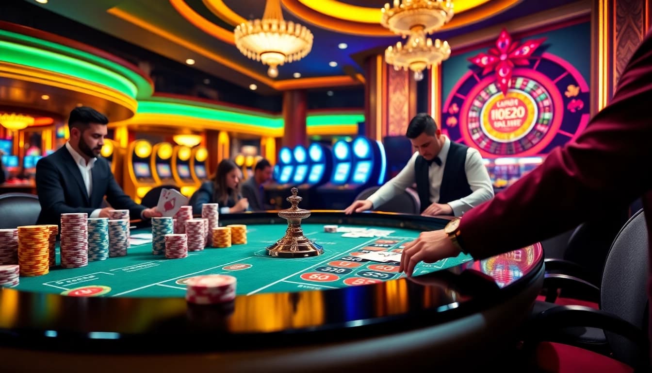 Exciting gaming table with cucu777 elements, colorful poker chips, and focused players at roulette.