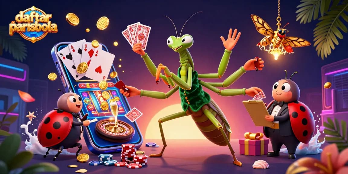 Play games at daftar parisbola with a vibrant casino scene featuring dynamic characters and gaming elements.