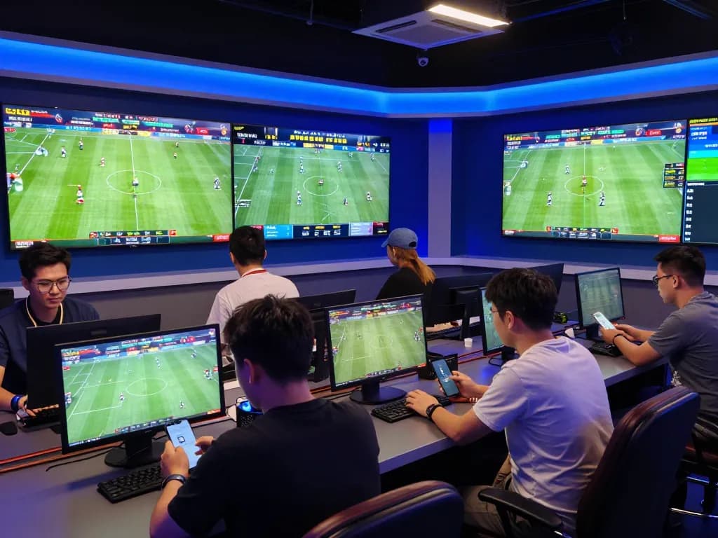 Engaged bettors analyzing ty le keo nha cai during a live sports match in a modern online betting studio.