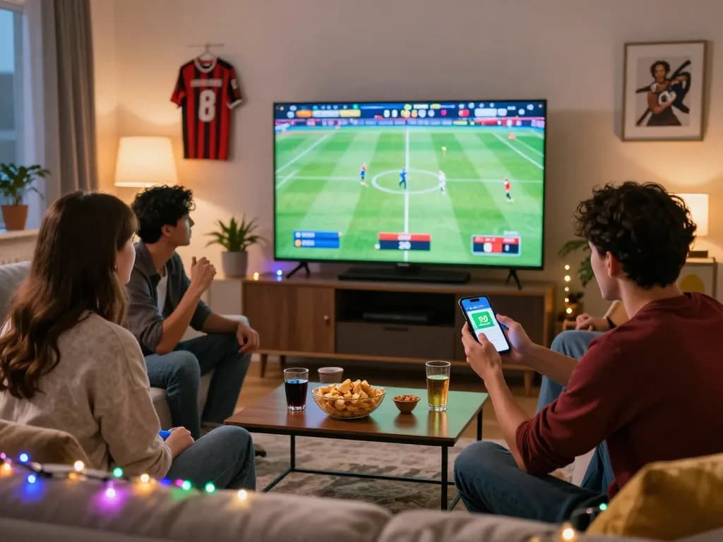 Friends enjoying a live sports match while placing a tv88 bet on smartphones, vibrant atmosphere.