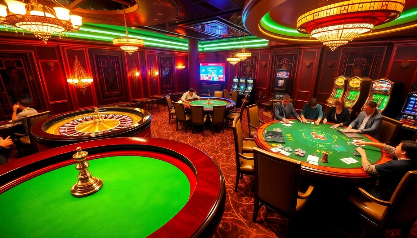 Soi cầu 247 enthusiasts enjoying a luxury casino atmosphere with roulette and poker games.