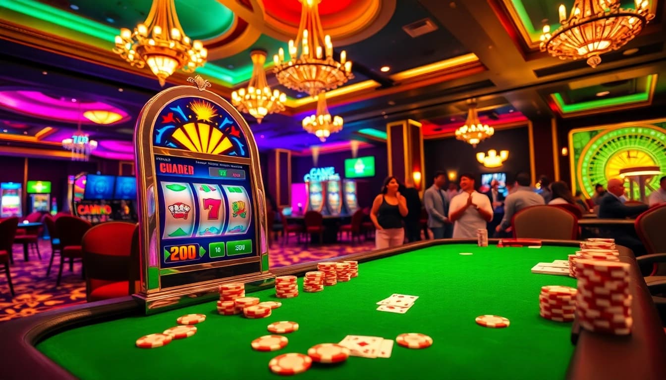 Adegan mesin slot yang menarik menampilkan elemen kasino dinamis dan warna-warna cerah.