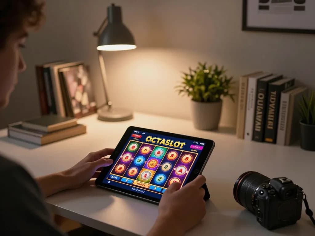 Player enjoying OCTASLOT online gaming on a tablet, showcasing a cozy and modern home atmosphere.