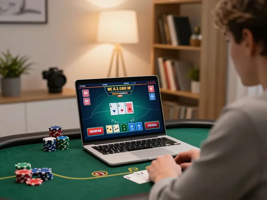 Engaging online gaming experience at luck88com shows strategic poker gameplay on a laptop in a cozy setting.