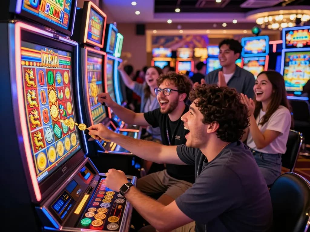 Excited players enjoying Lucky 88 slot machine in a lively casino atmosphere
