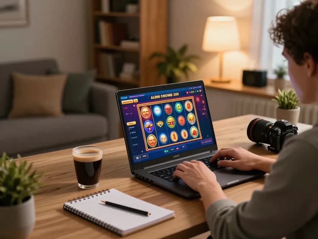 Playing AU88 online casino games on a laptop in a cozy home environment, showcasing strategic gaming.