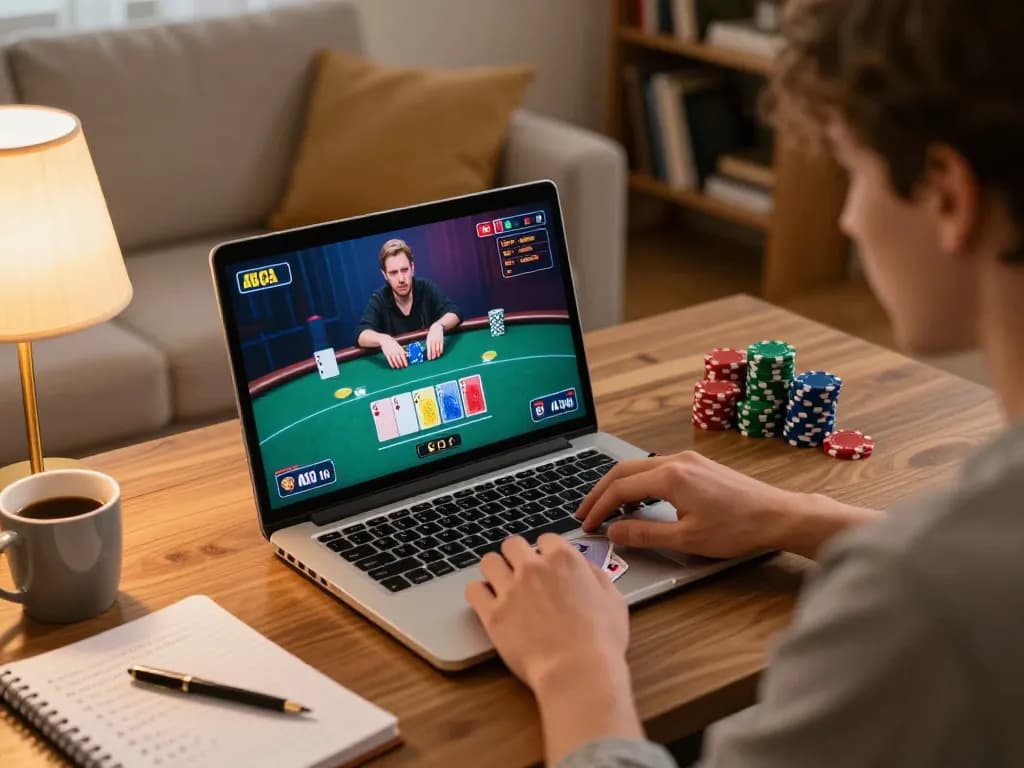 11win player engaged in a poker game at home, with laptop showing cards and strategies for responsible gaming.