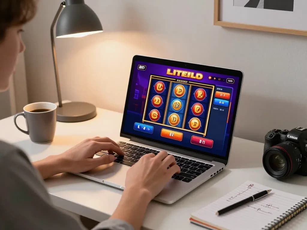 Engaging in litecoin gambling with vibrant online slot game at home desk setup.