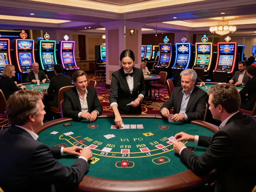 FABET players placing strategic bets at a lively blackjack table in a luxurious casino setting.