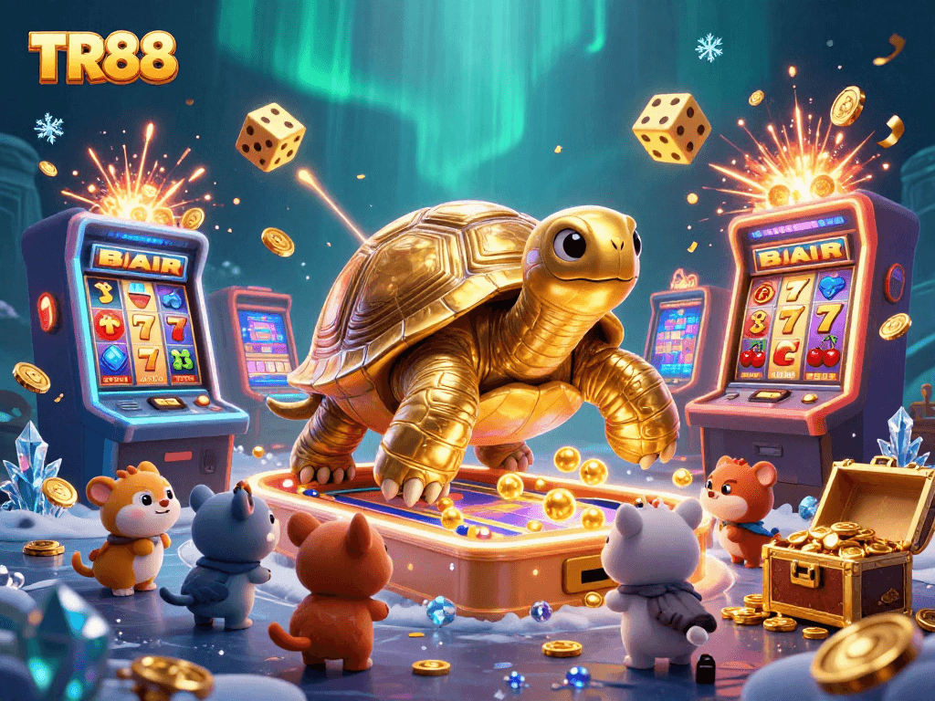 Experience gaming excitement with TR88's golden tortoise pinball machine in an underwater fantasy world.