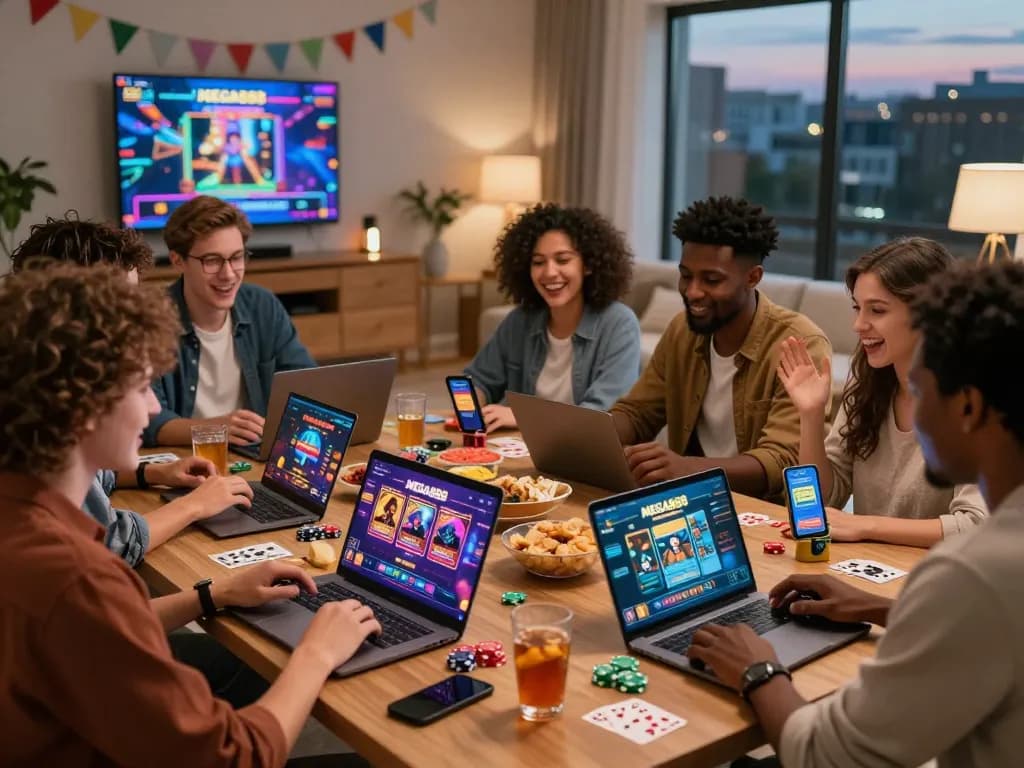 Friends enjoying a MEGA888 gaming night at home with laptops and snacks.