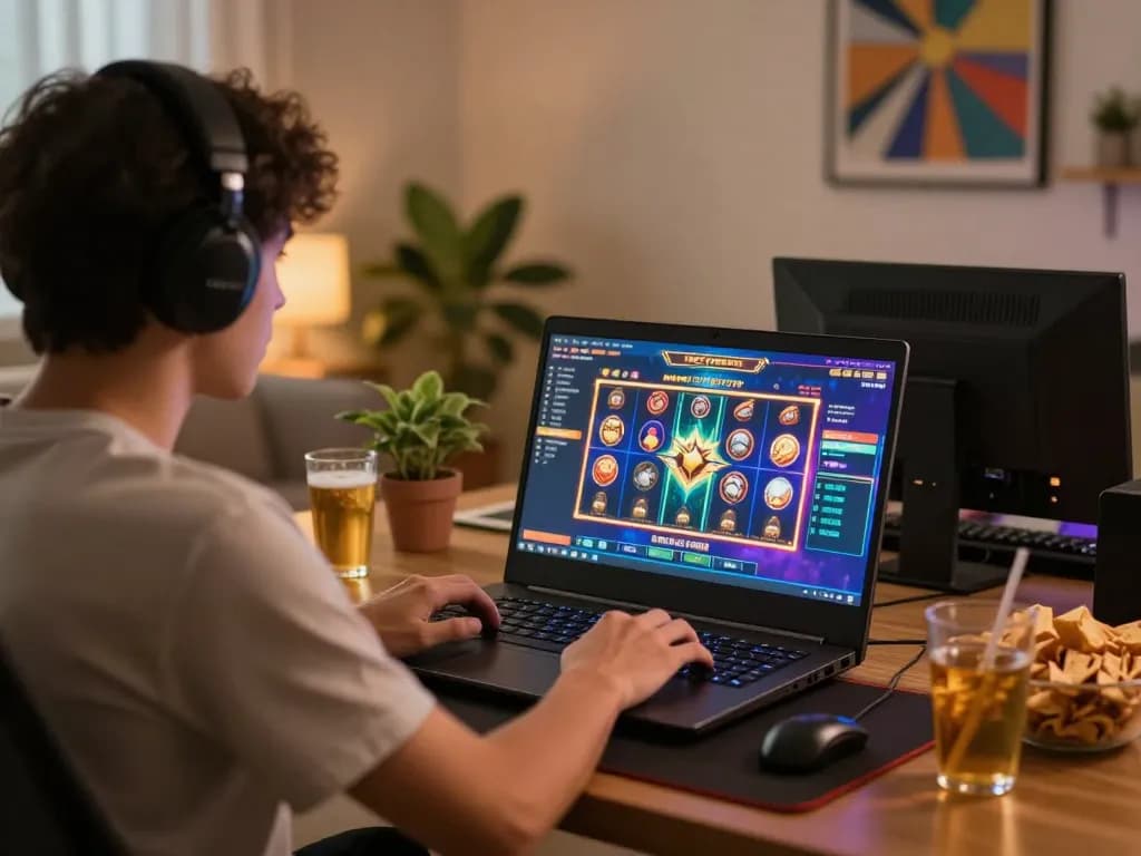 Engaging in situs slot gaming at home with vibrant visuals and snacks in a cozy setting.