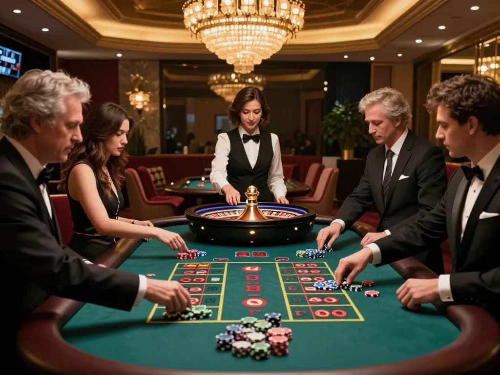 Players placing bets at a roulette table in a vibrant casino, showcasing the excitement of 789p gambling experience.