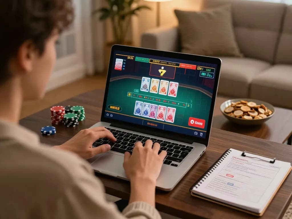 Engaged player using laptop for non ukgc casinos in cozy home environment, highlighting strategic gameplay.