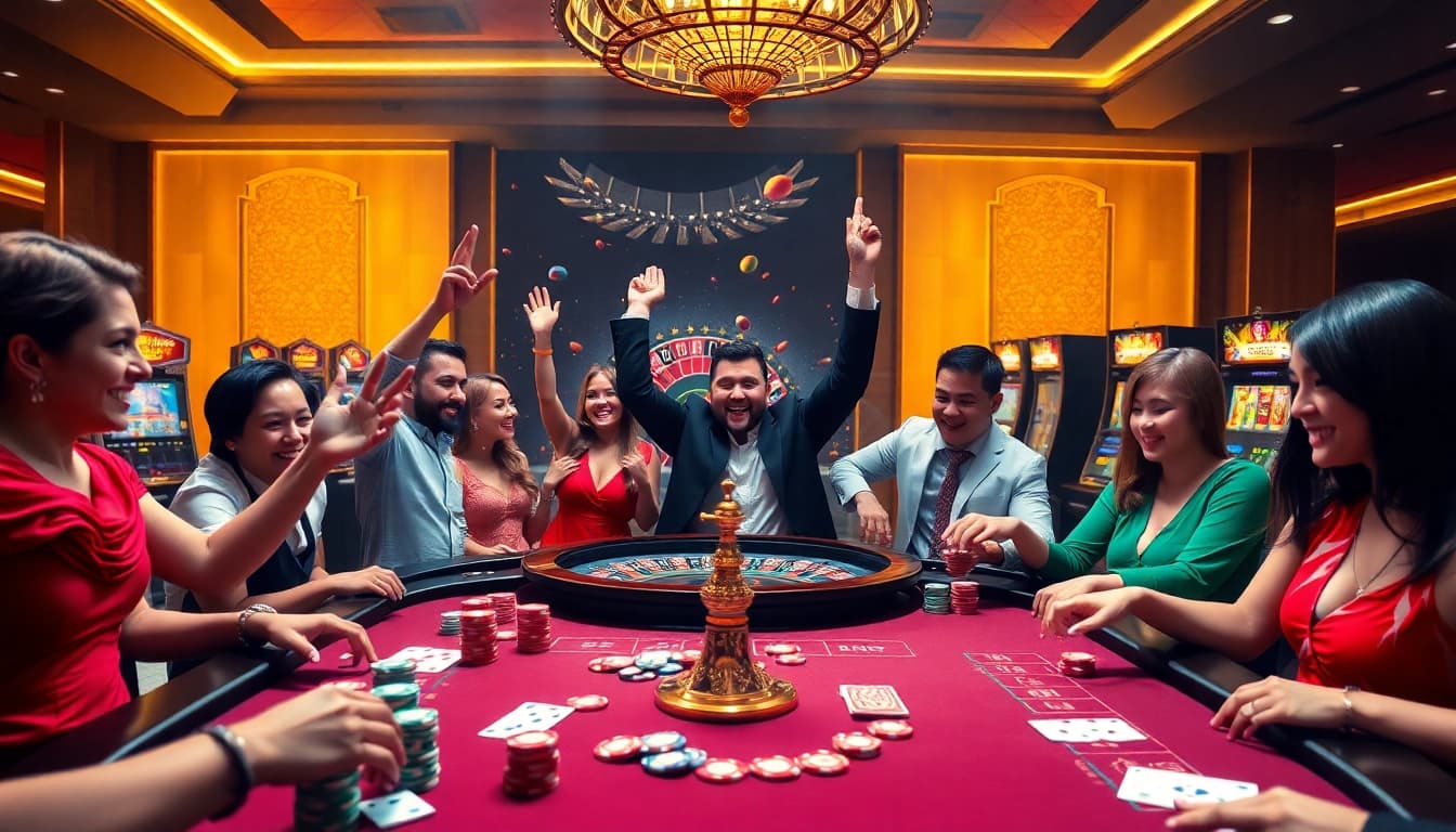 Capture the excitement of gambling at go88 with colorful tables, lively players, and a vibrant casino atmosphere.