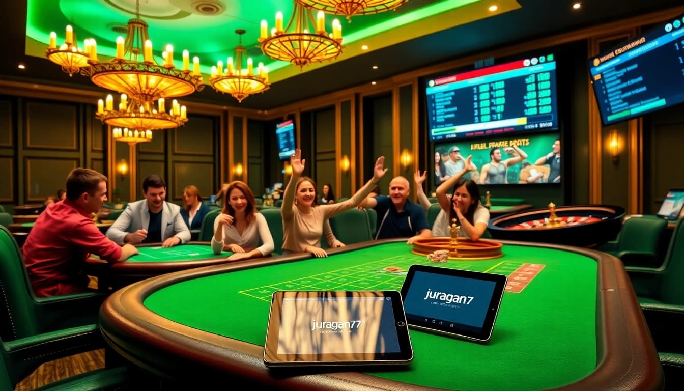Experience the thrill of juragan77 with poker chips and roulette excitement at a vibrant casino.