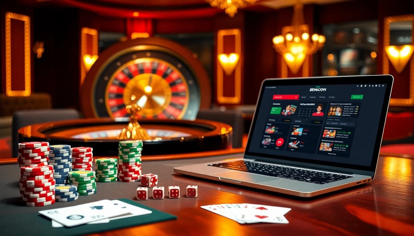 Gambling action on https://bem88.com featuring a lively casino table with chips and roulette.