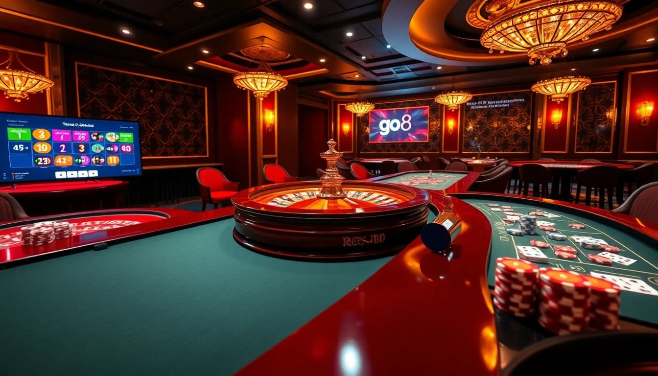 Experience thrilling gameplay at go8 online casino with roulette, poker tables, and vibrant gaming atmosphere.