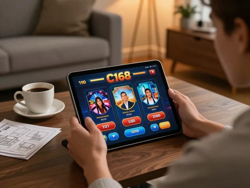 C168 gaming app displayed on tablet in a cozy home, illustrating online gambling experience.