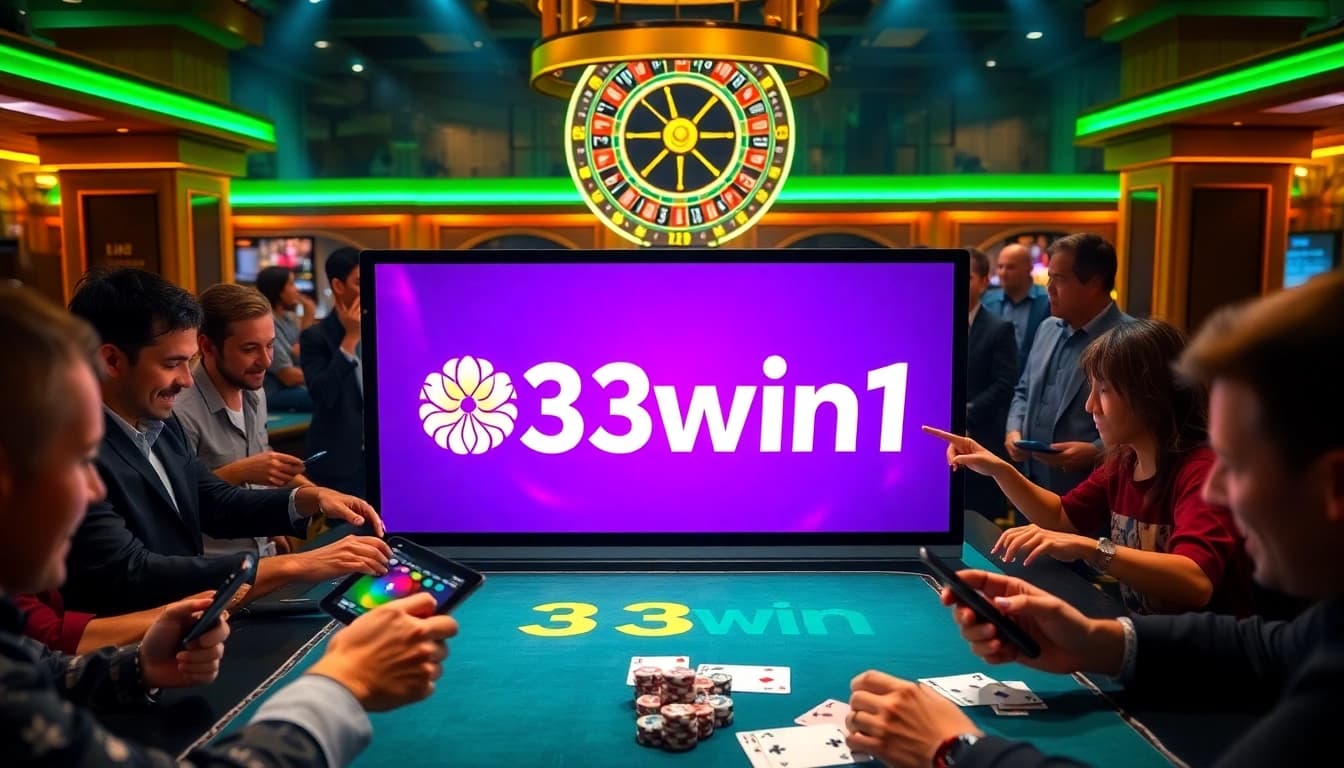 Engaged gamers enjoying online slots at 33win1 casino with vibrant colors.