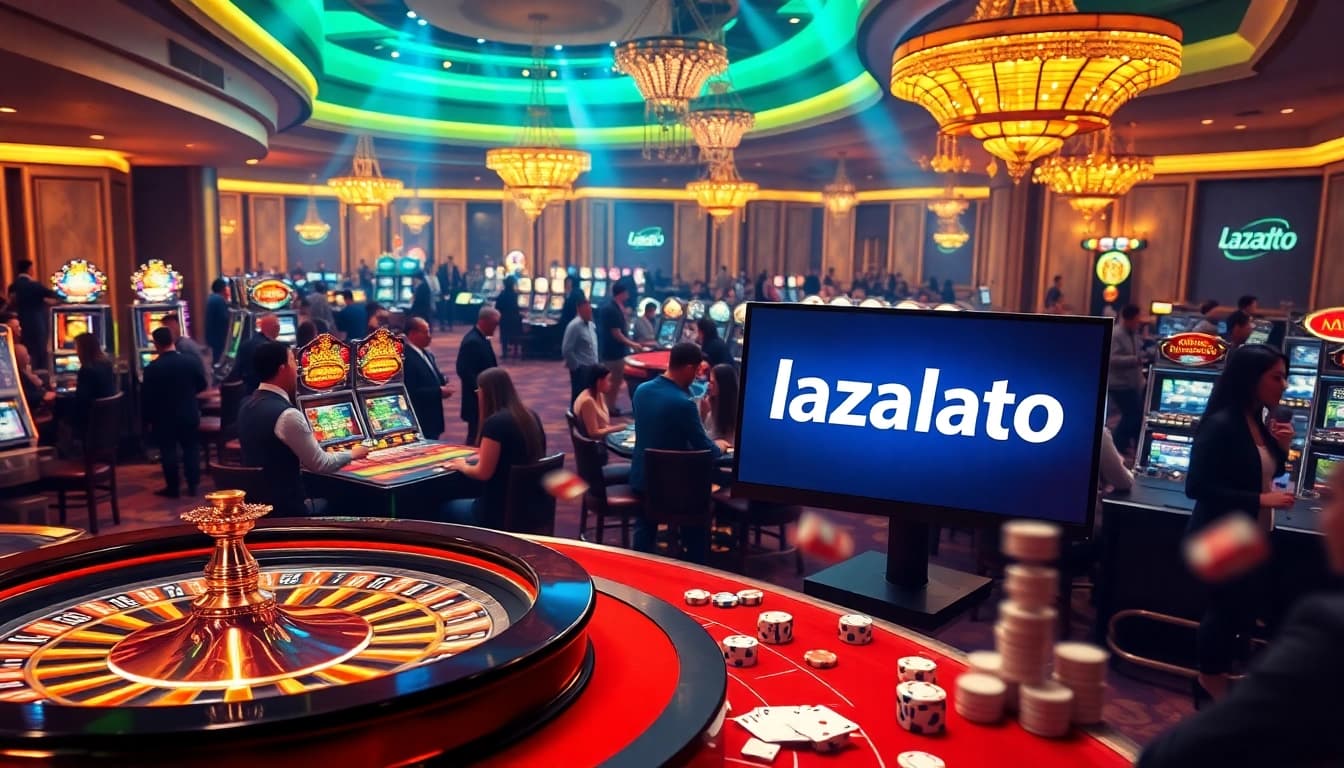 Lazadatoto logo integrated into a lively casino scene showcasing poker tables, slot machines, and high-stakes excitement.