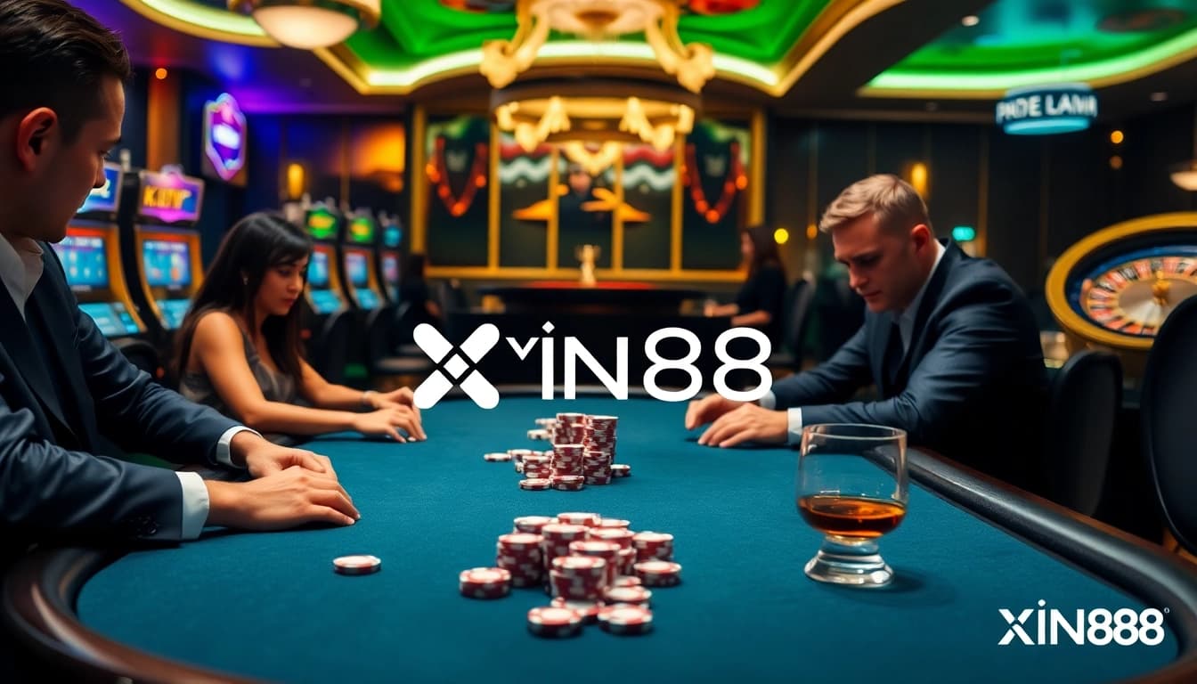 Experience the thrill of winning at Xin88 poker tables illuminated by a vibrant casino ambiance.