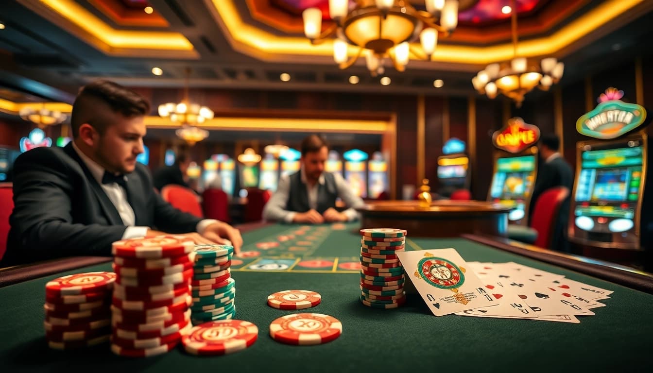 High-stakes poker game featuring vibrant casino elements from https://good88k.co/ with colorful chips and cards.