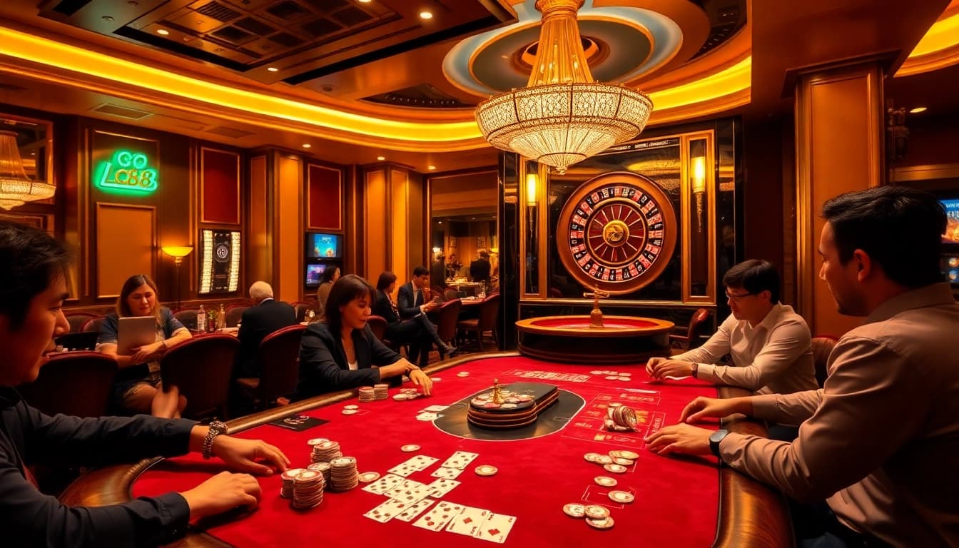 Players engaging in thrilling games at the lc88 casino, showcasing poker tables and roulette wheels.